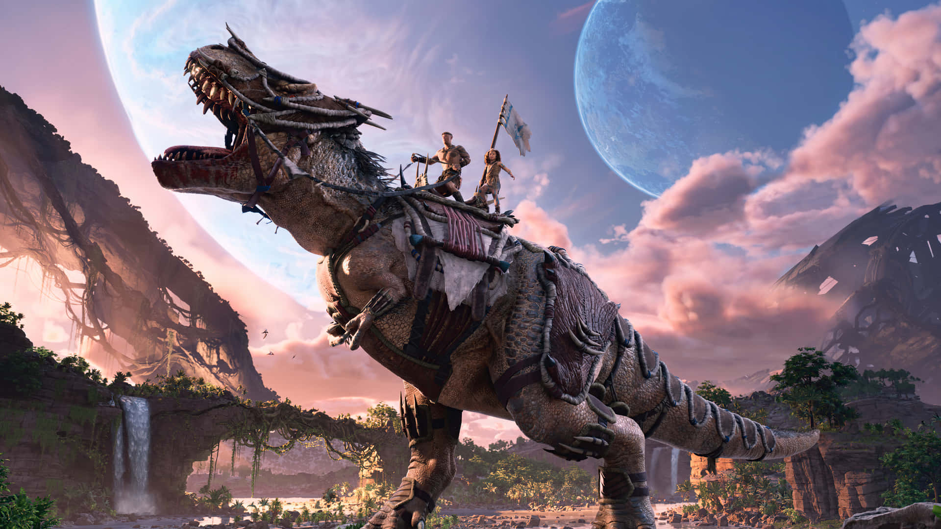 A Dinosaur Is Riding A Horse In A Fantasy World Wallpaper
