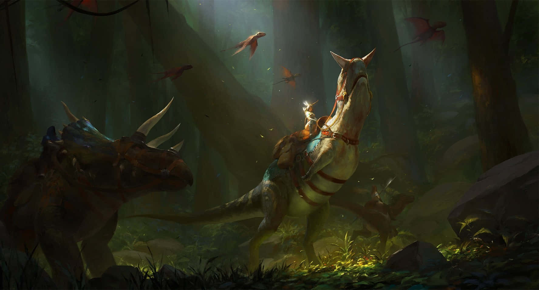 En kvinde, der rider en dinosaur i skoven. Wallpaper