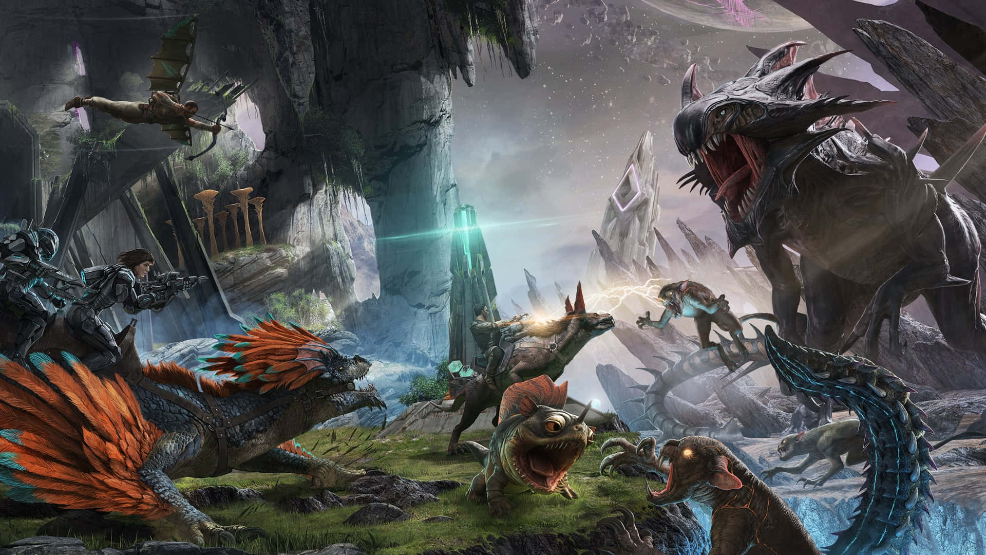 A Group Of Dinosaurs And Other Creatures Are In A Cave Wallpaper