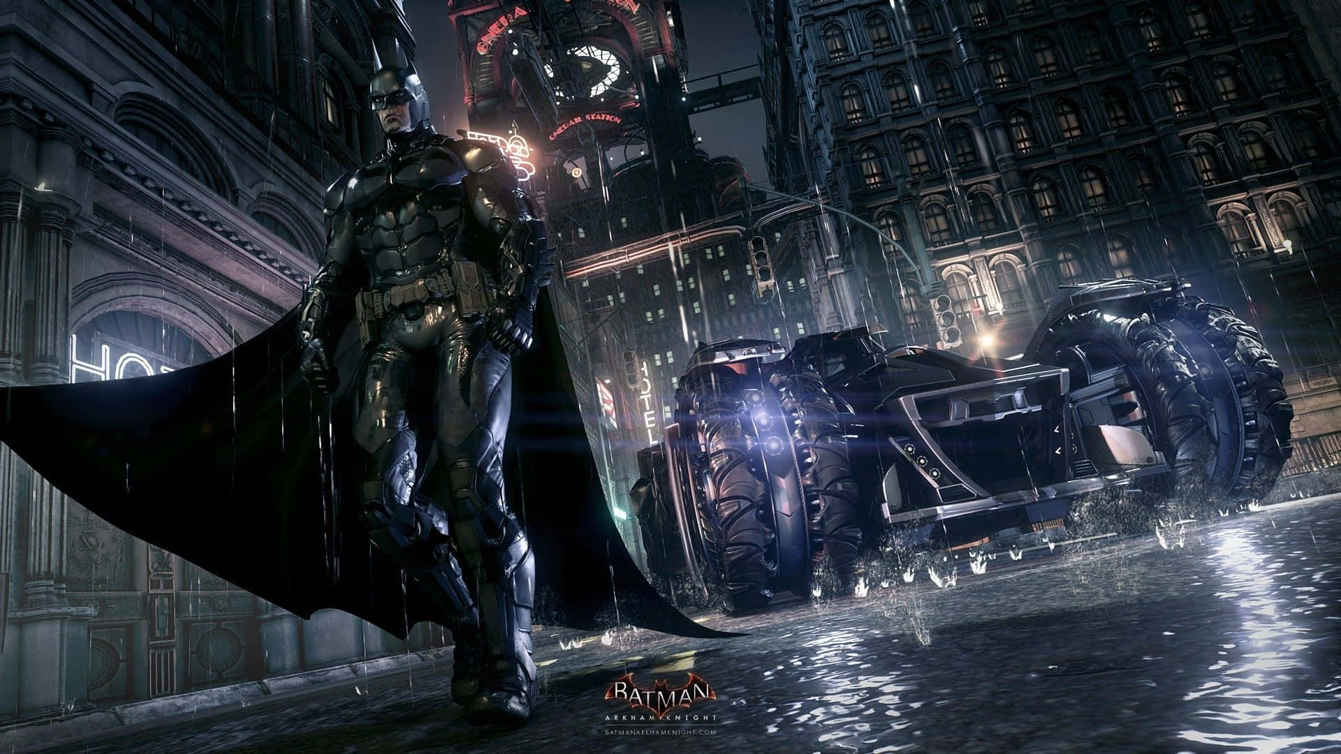 En episk showdown mellem Batman og Arkham Knight i stilsikker 4K-kvalitet. Wallpaper