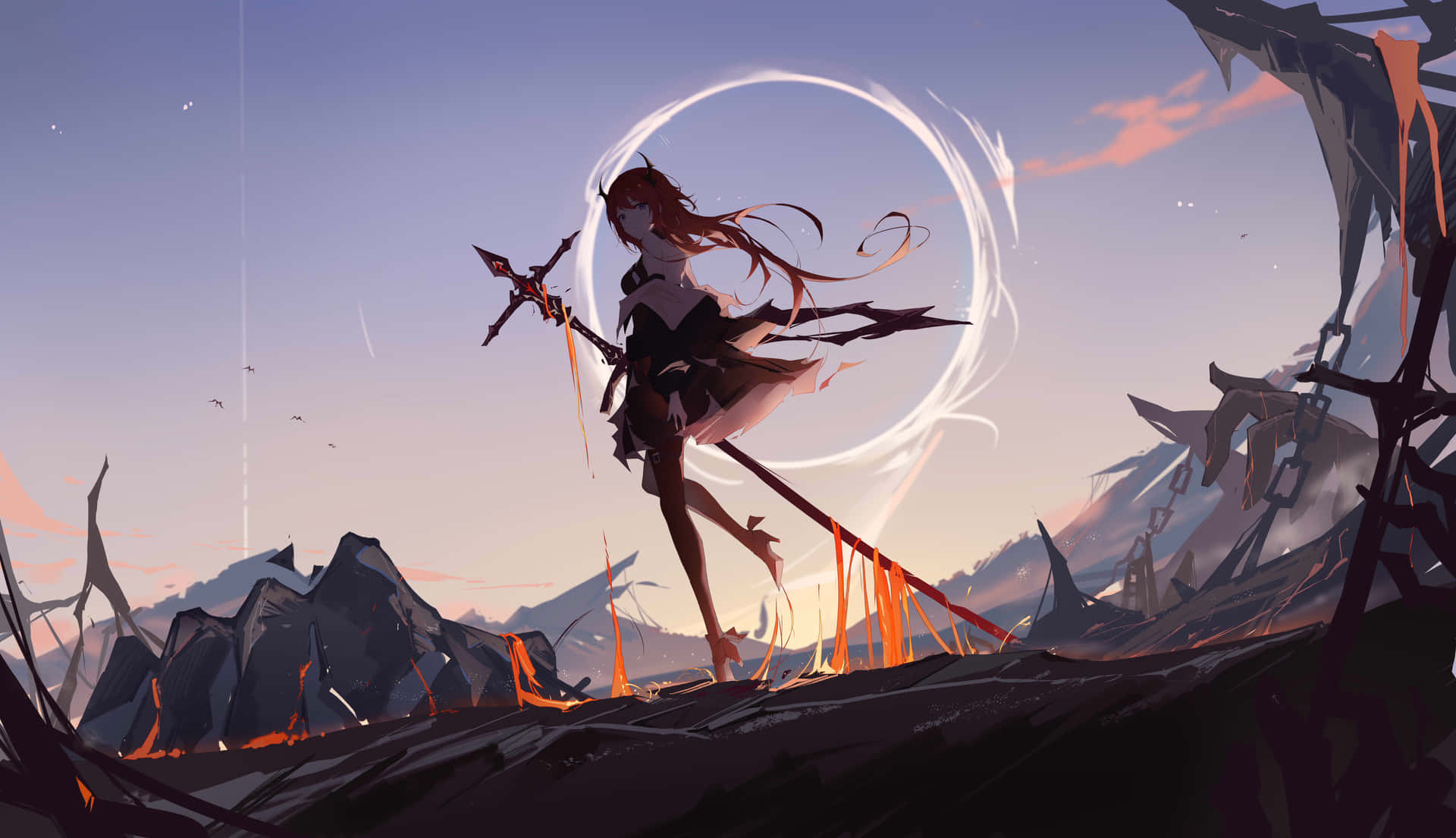 En pige med et sværd, der står på en bakke Wallpaper