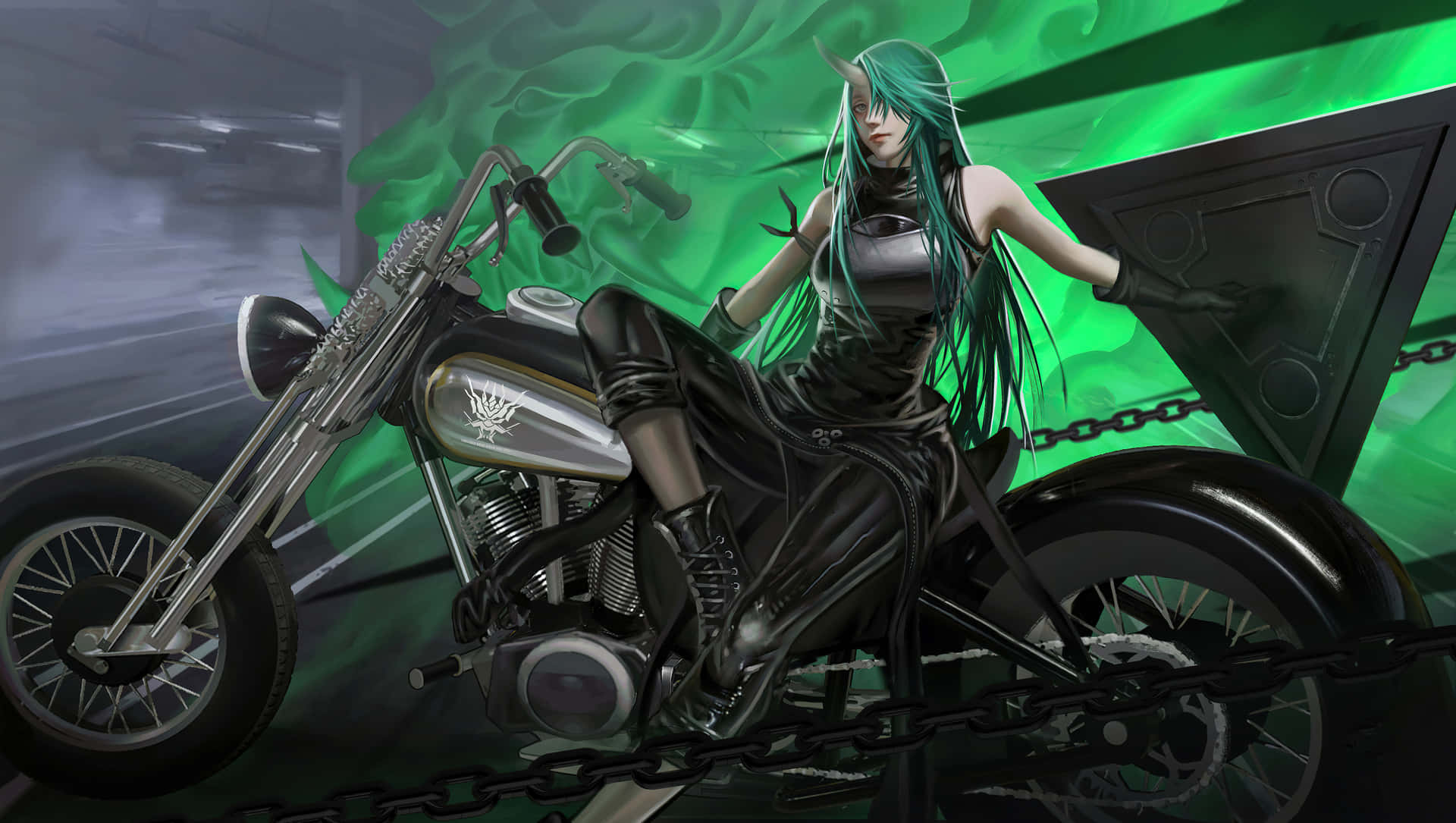 En pige på en motorcykel med grøn hår Wallpaper