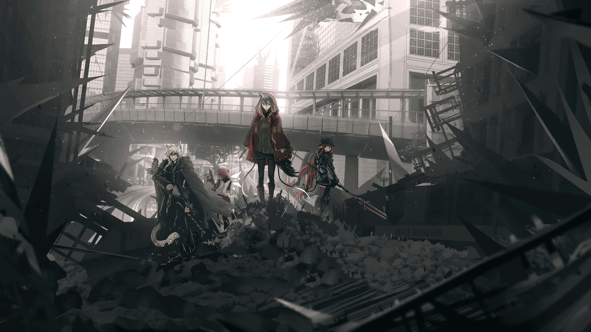 En gruppe mennesker står i en by med meget affald og biler der brænder i baggrunden. Wallpaper