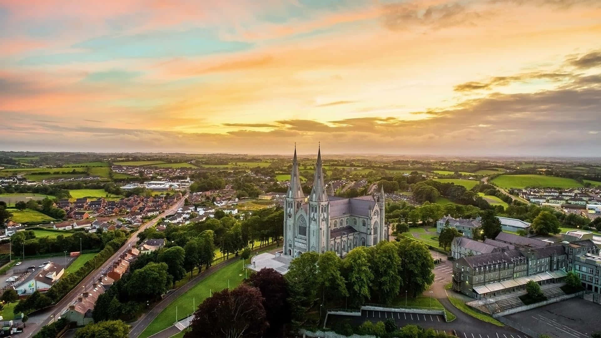 Armagh Cathedral Sunset Aerial View Wallpaper