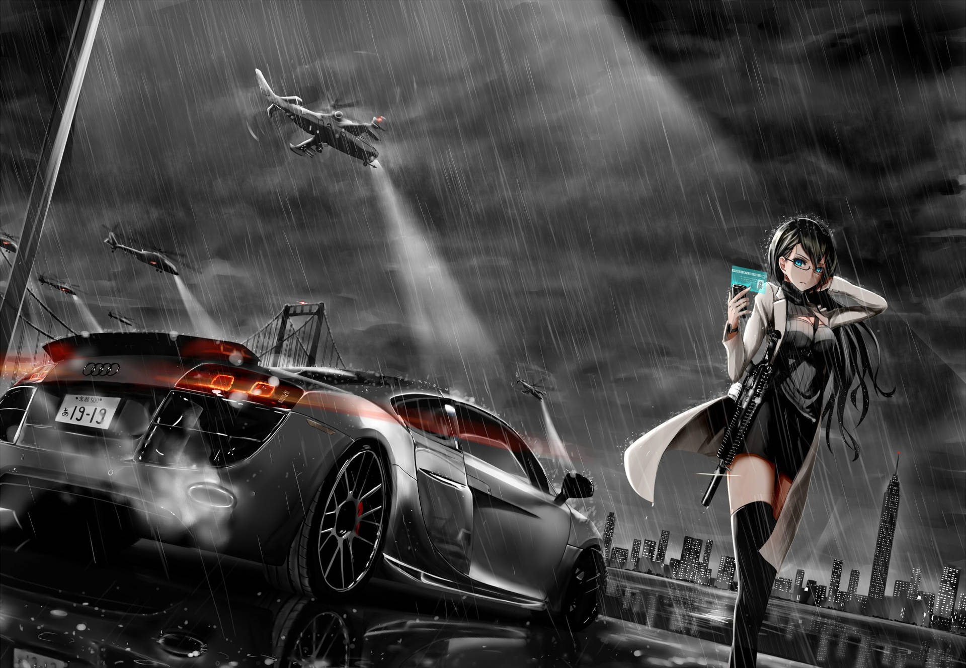Armed Girl And Audi Car Anime Wallpaper