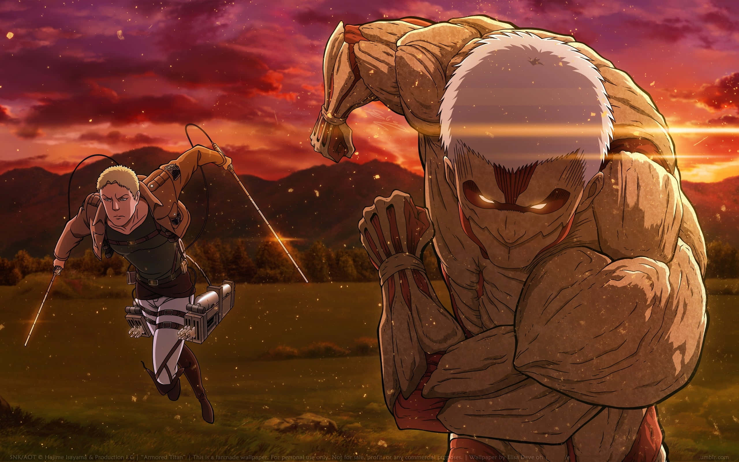The majestic Armored Titan stands tall against the skyline. Wallpaper