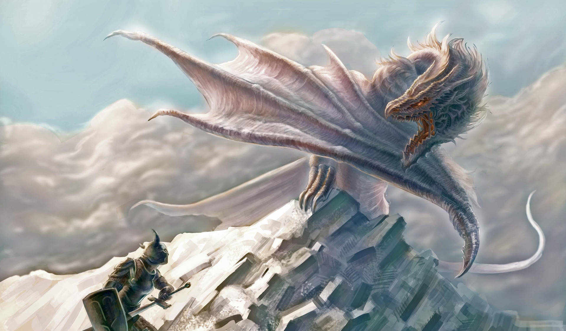 Majestic Light Dragon With Armored Warrior Wallpaper