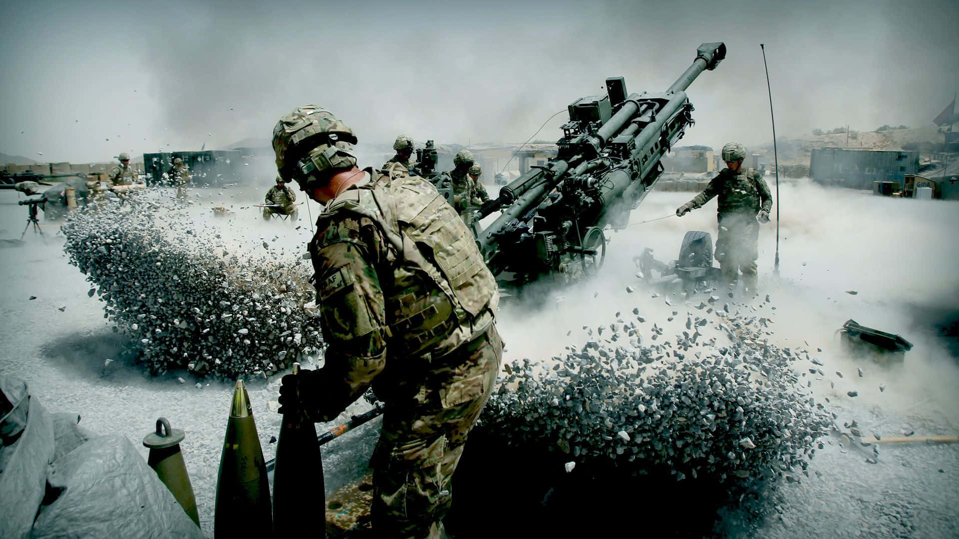 Soldiers marching in formation on a foggy day