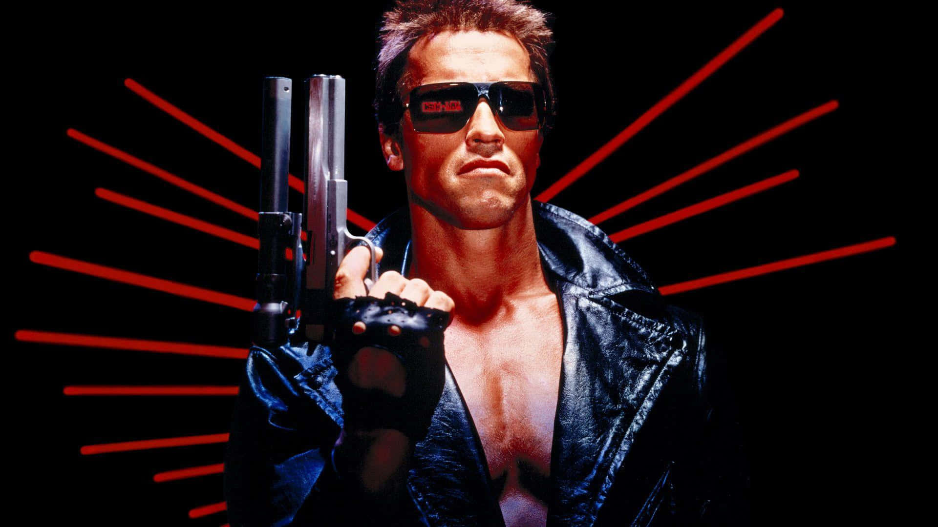 Lastar Dell'azione Arnold Schwarzenegger Si Erge Con Sicurezza Sul Palco.