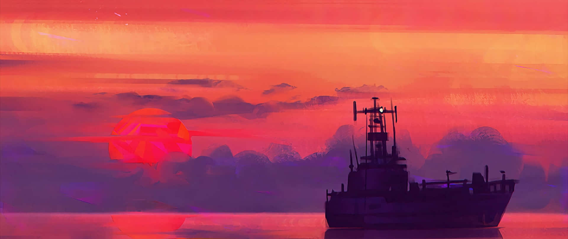 Båd under solnedgang kunst 2560x1080 Wallpaper