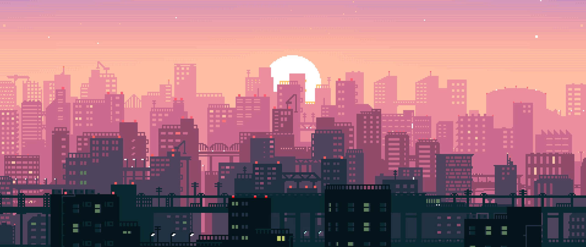 By Skabes 2560x1080 Tapet: City Sunset Pixel Kunst Wallpaper