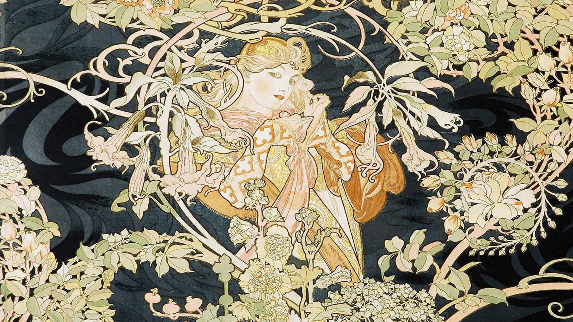 A Tapestry With A Woman In A Floral Pattern Wallpaper