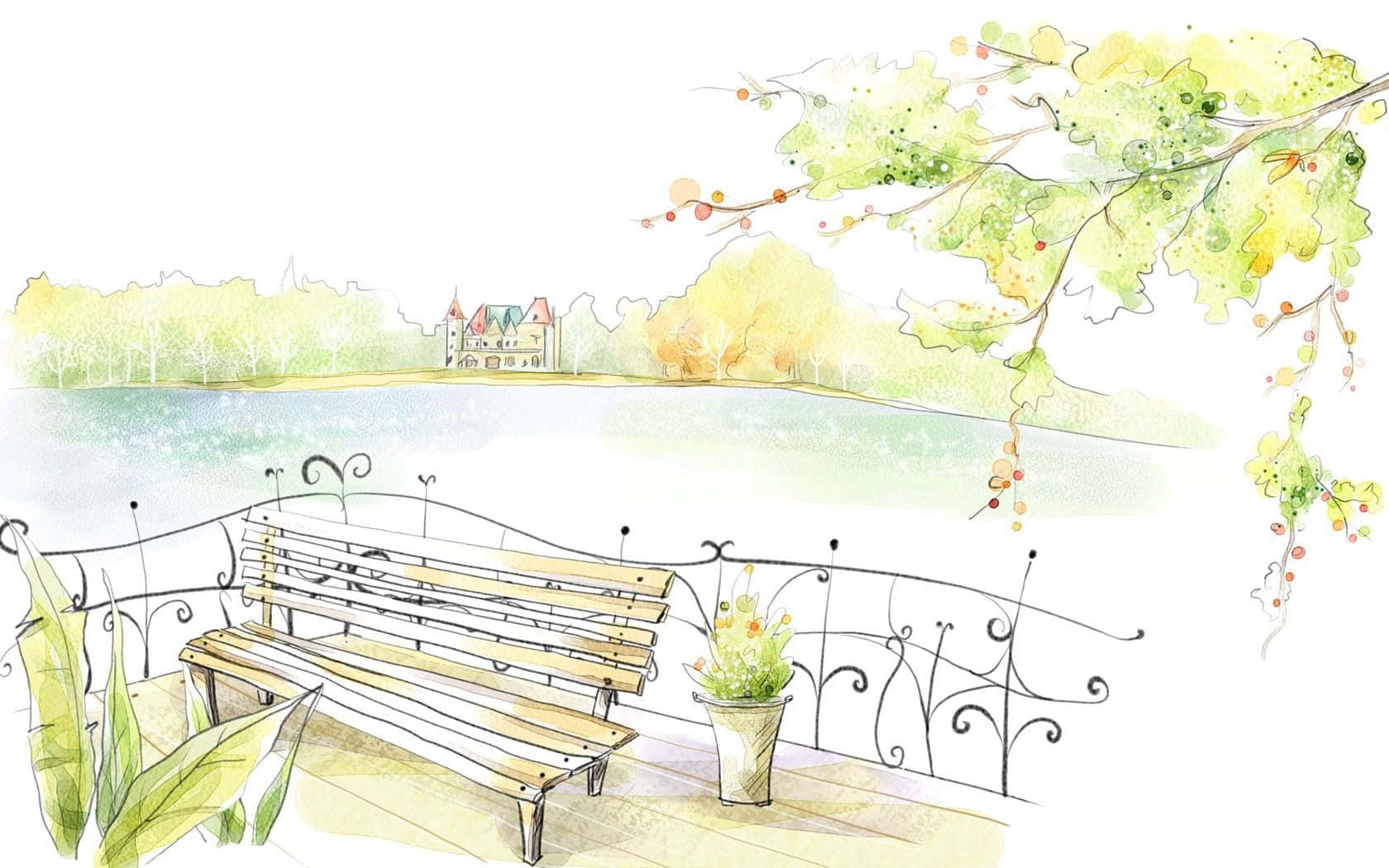 Watercolor Sketch Of A Bench On A Balcony Overlooking A Lake