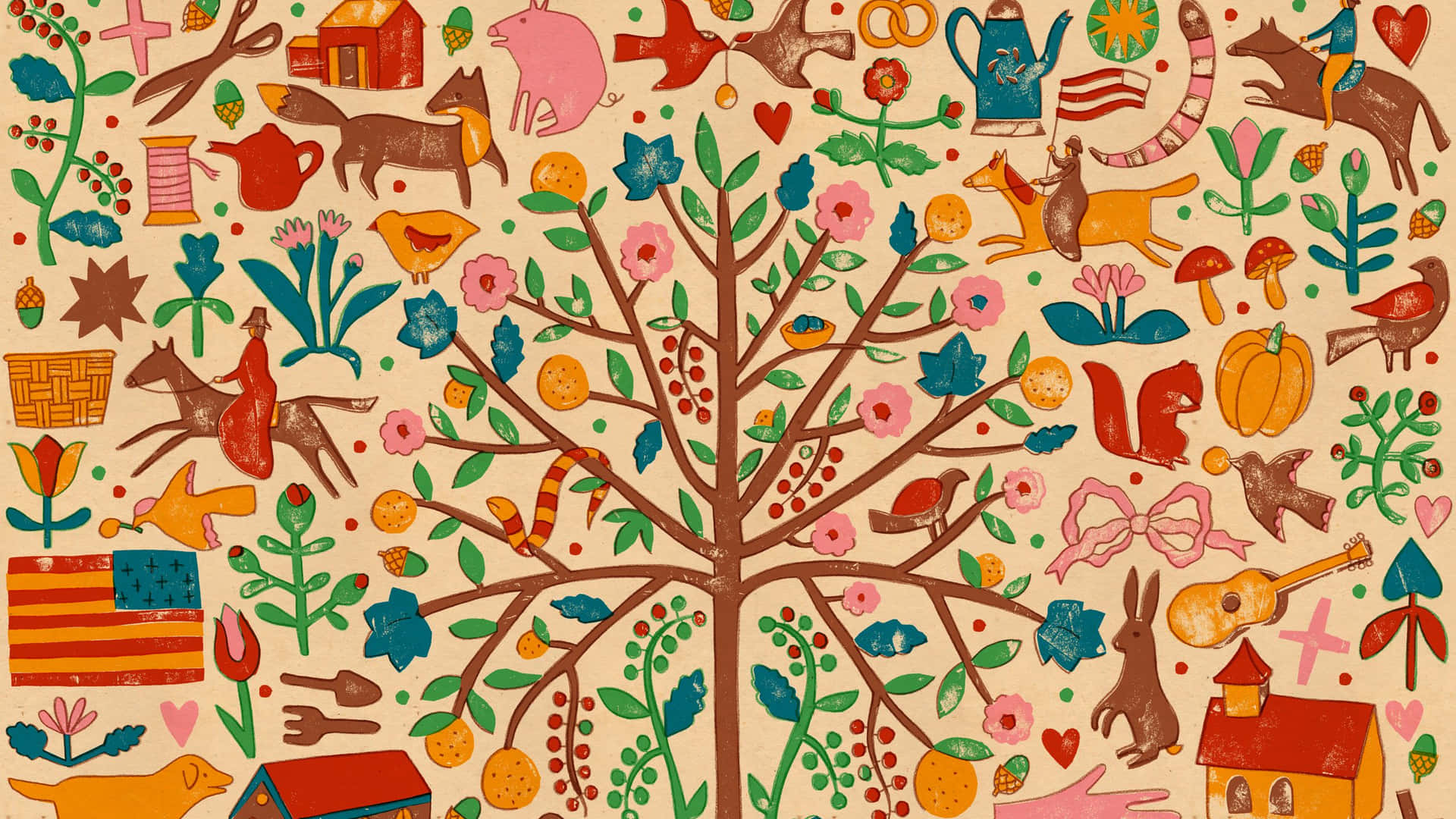 A Colorful Illustration Of A Tree With Animals And Other Objects