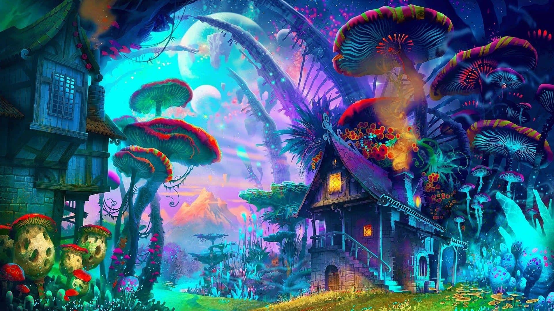 A Colorful Fantasy Scene With A House And Mushrooms