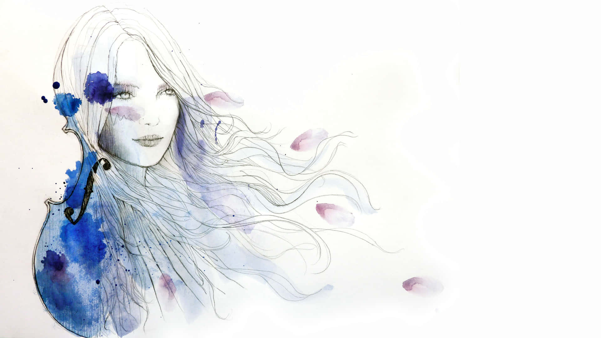 A Watercolor Drawing Of A Woman With Blue Hair And Flowers