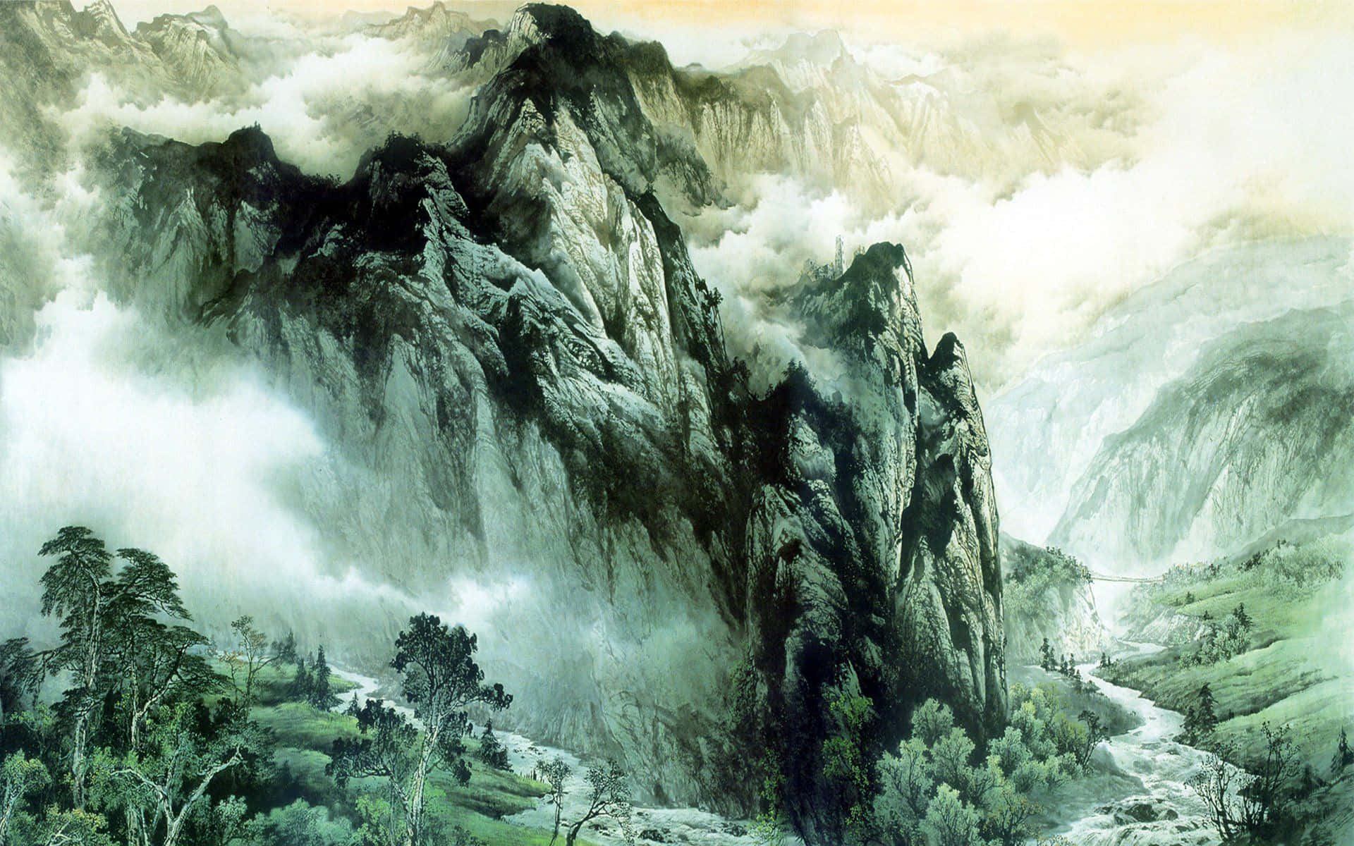 A Painting Of A Mountain With Clouds And A River