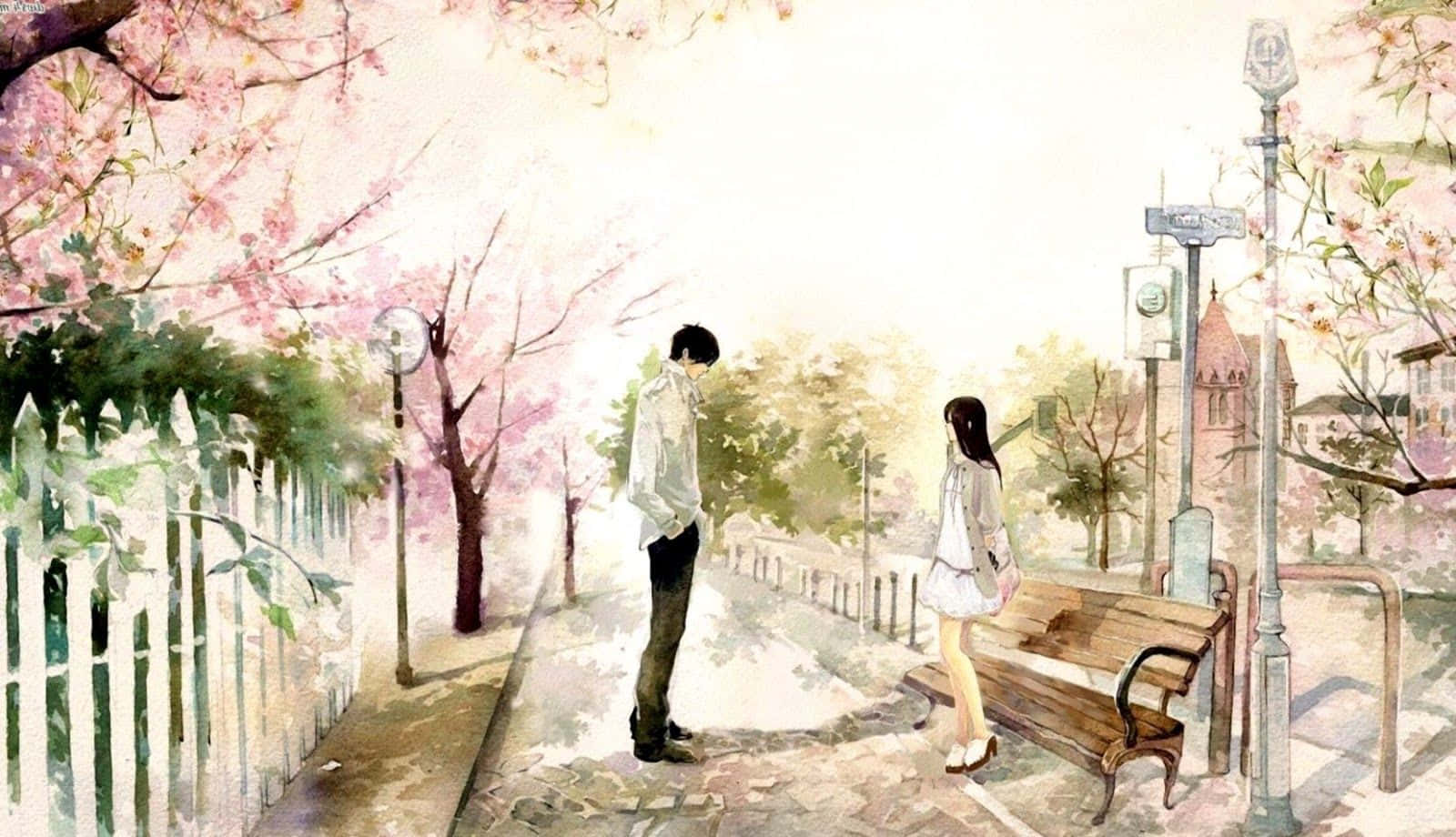 A Painting Of A Couple Walking Down A Street
