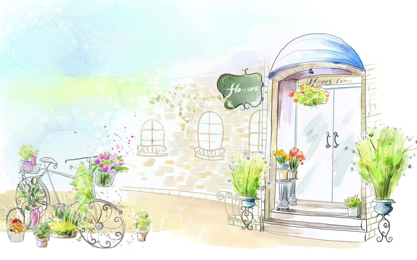 Watercolor Illustration Of A Flower Shop With Bicycle And Potted Plants