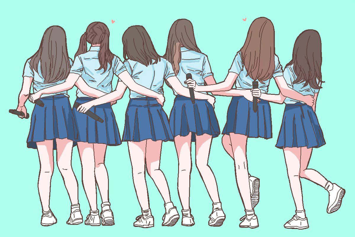En gruppe piger i skoleuniformer står sammen og griner. Wallpaper