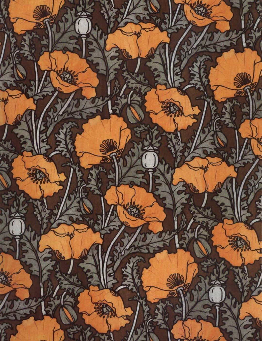 En tapet med orange og sorte blomster Wallpaper