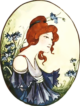 Art Nouveau Style Redhead Woman Oval Portrait PNG