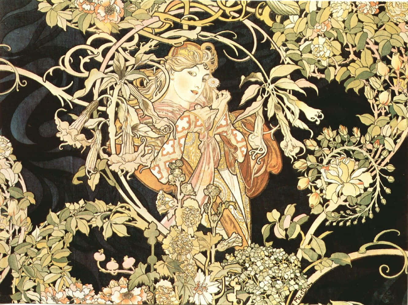 A Painting Of A Woman In A Garden Wallpaper