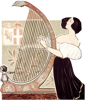 Art Nouveau Woman Playing Harp PNG