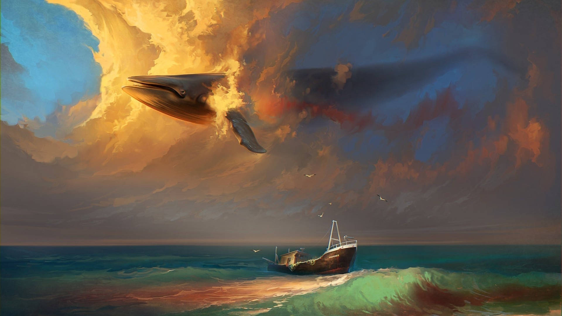 Arte Della Balena Blu Che Galleggia Nelle Nuvole Sfondo