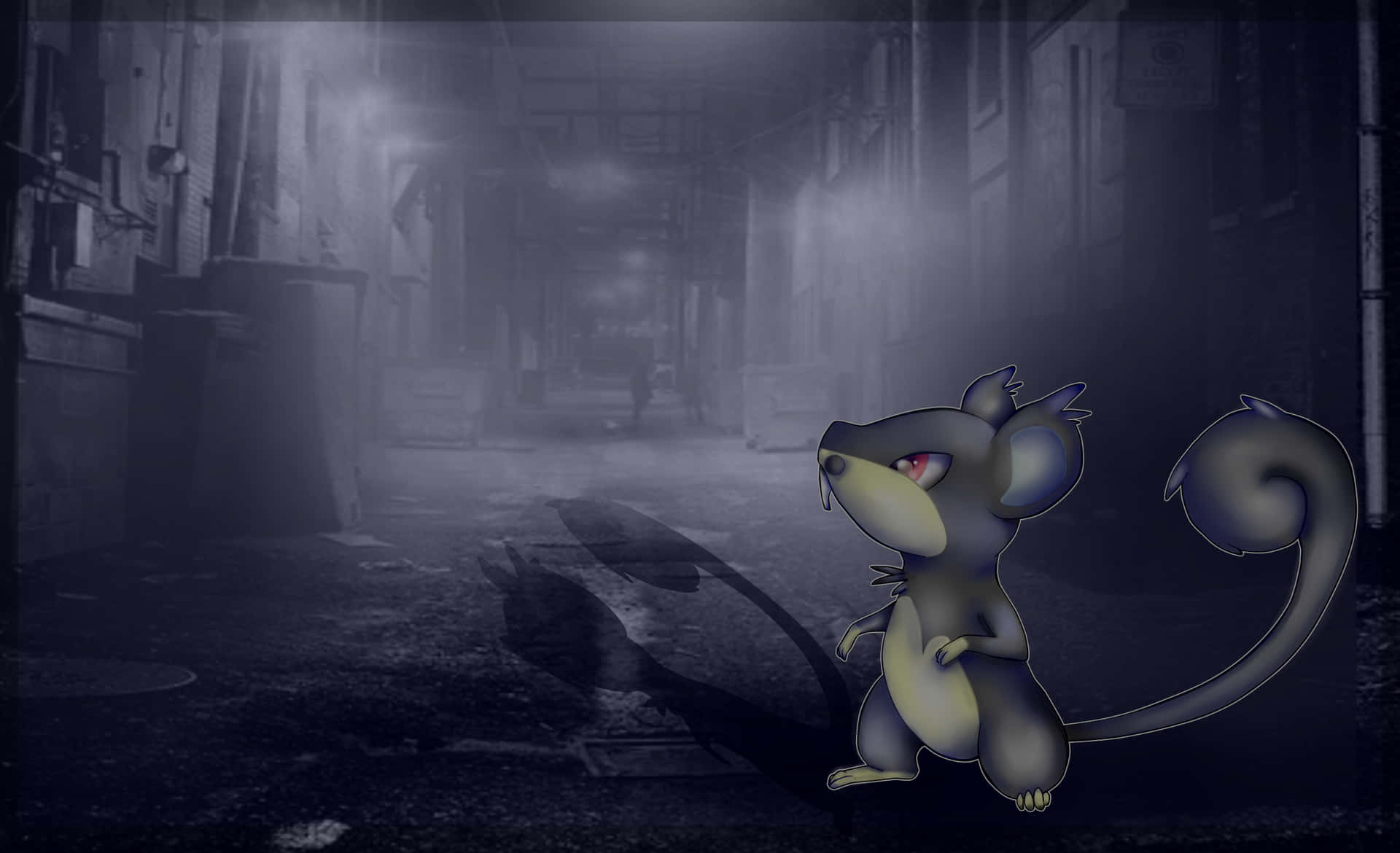 Art Of Gray Alolan Rattata In The Middle Of A Dark Alleyway Wallpaper