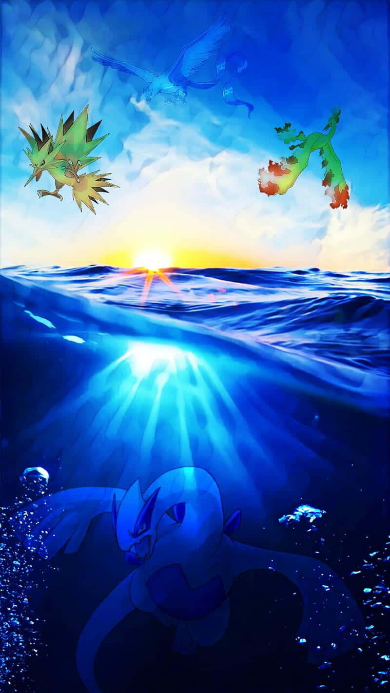 Articuno, Zapdos, And Moltres With Lugia Underwater Wallpaper