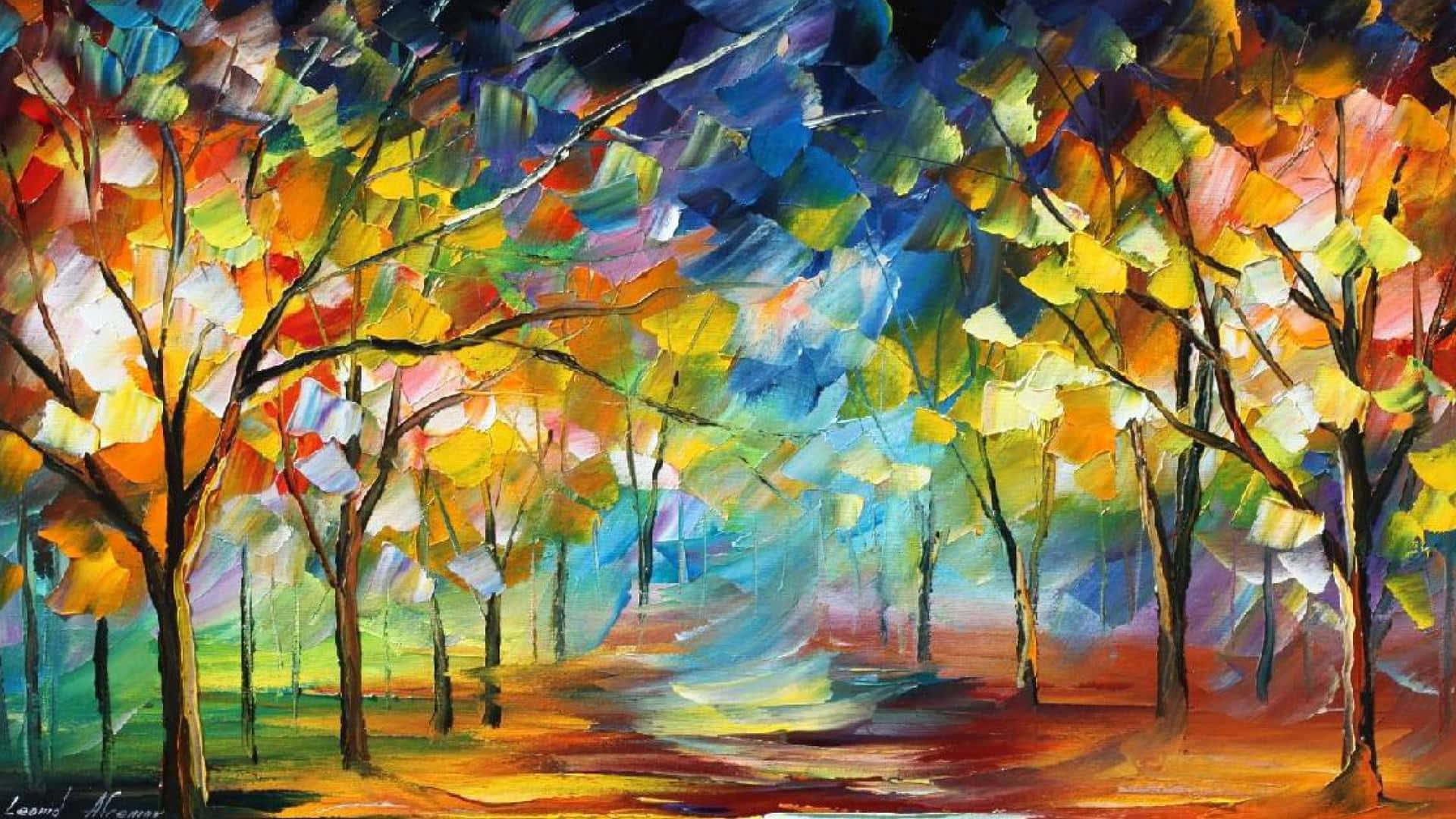 artistic Background — Vibrant abstract trees with multicolored leaves frame a winding path under a swirling blue sky in an expressive oil painting.