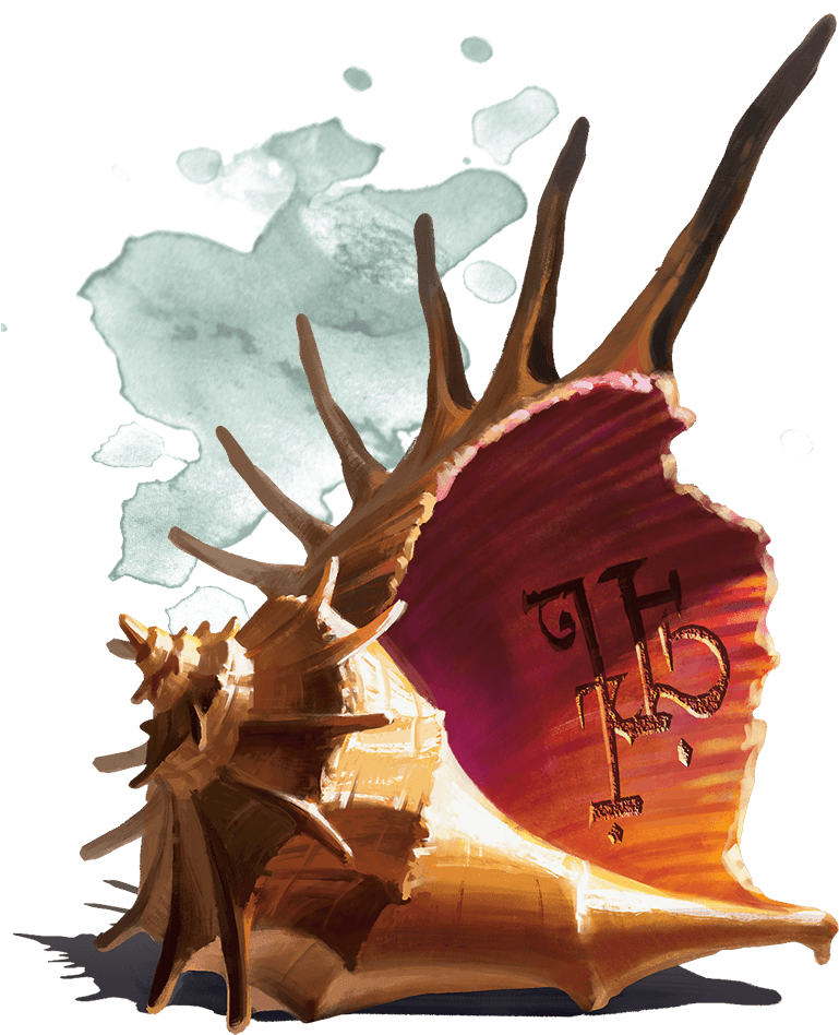 Artistic_ Conch_ Shell_ Illustration PNG — A vibrant watercolor illustration of a large seashell with intricate spines and a gradient interior, splashed with teal paint against a black background.
