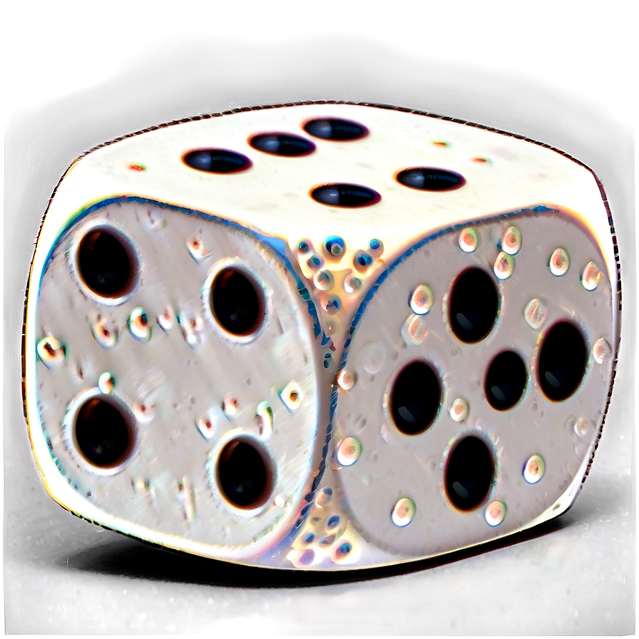Artistic Dice Illustration PNG — A close-up of a white die with black pips showing five and four faces against a dark blurred background.