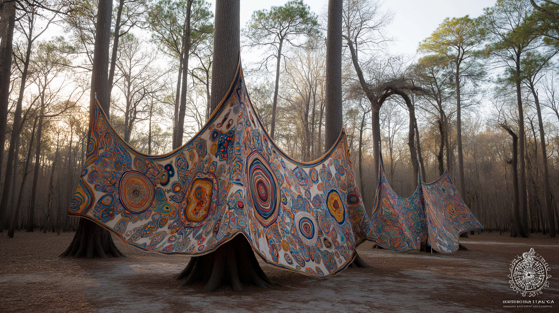 Artistic Fabric Installation Amidst Forest Trees Wallpaper