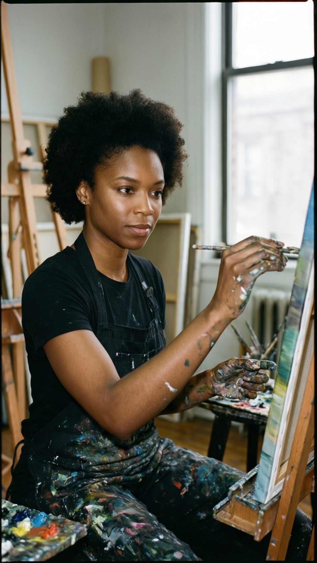 Letitia Wright maler i et studie, fokuseret og kreativ.