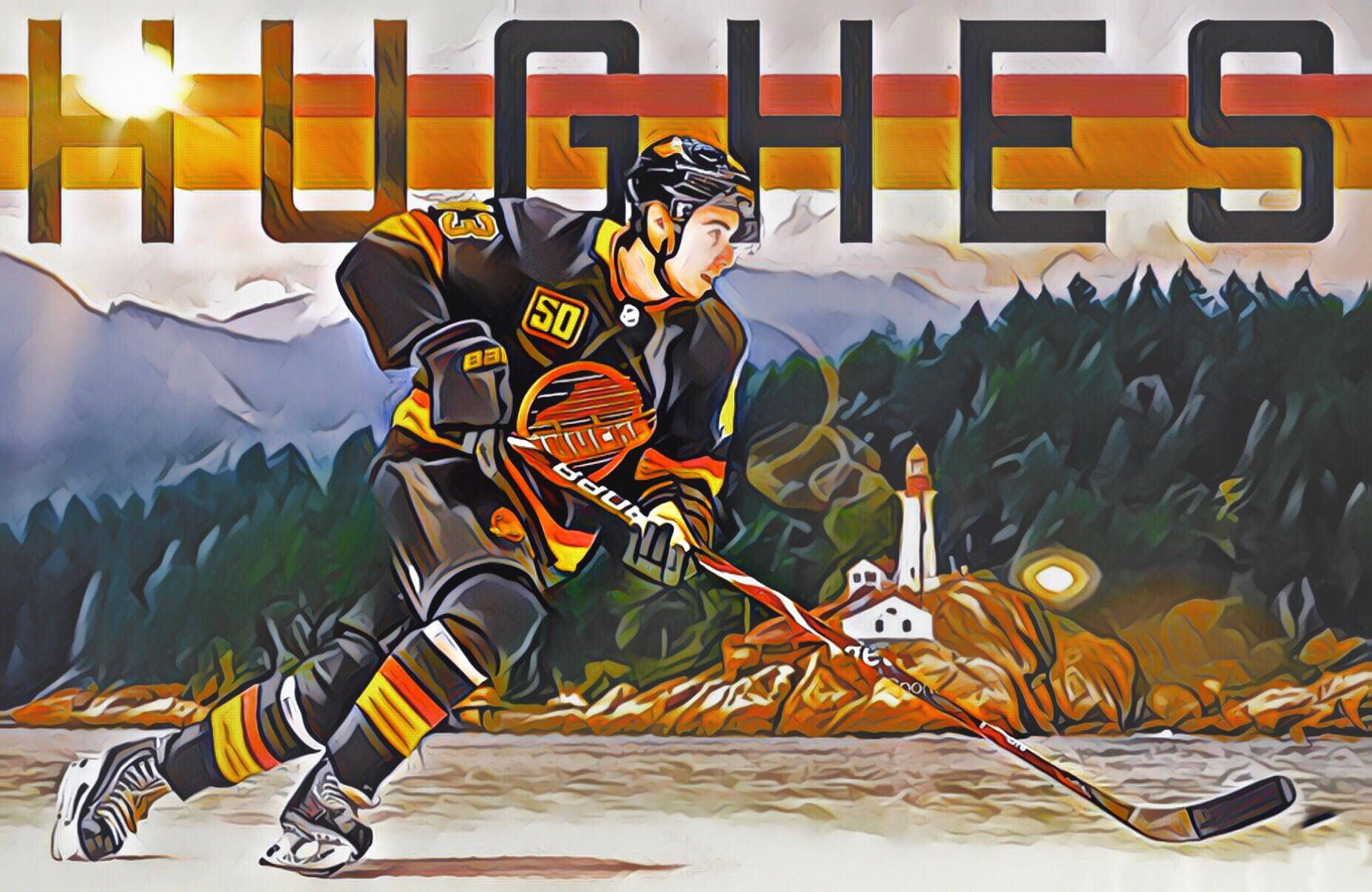 Artwork Of Quinn Hughes Dribbling In Front Of Lighthouse Park With Last Name Wallpaper