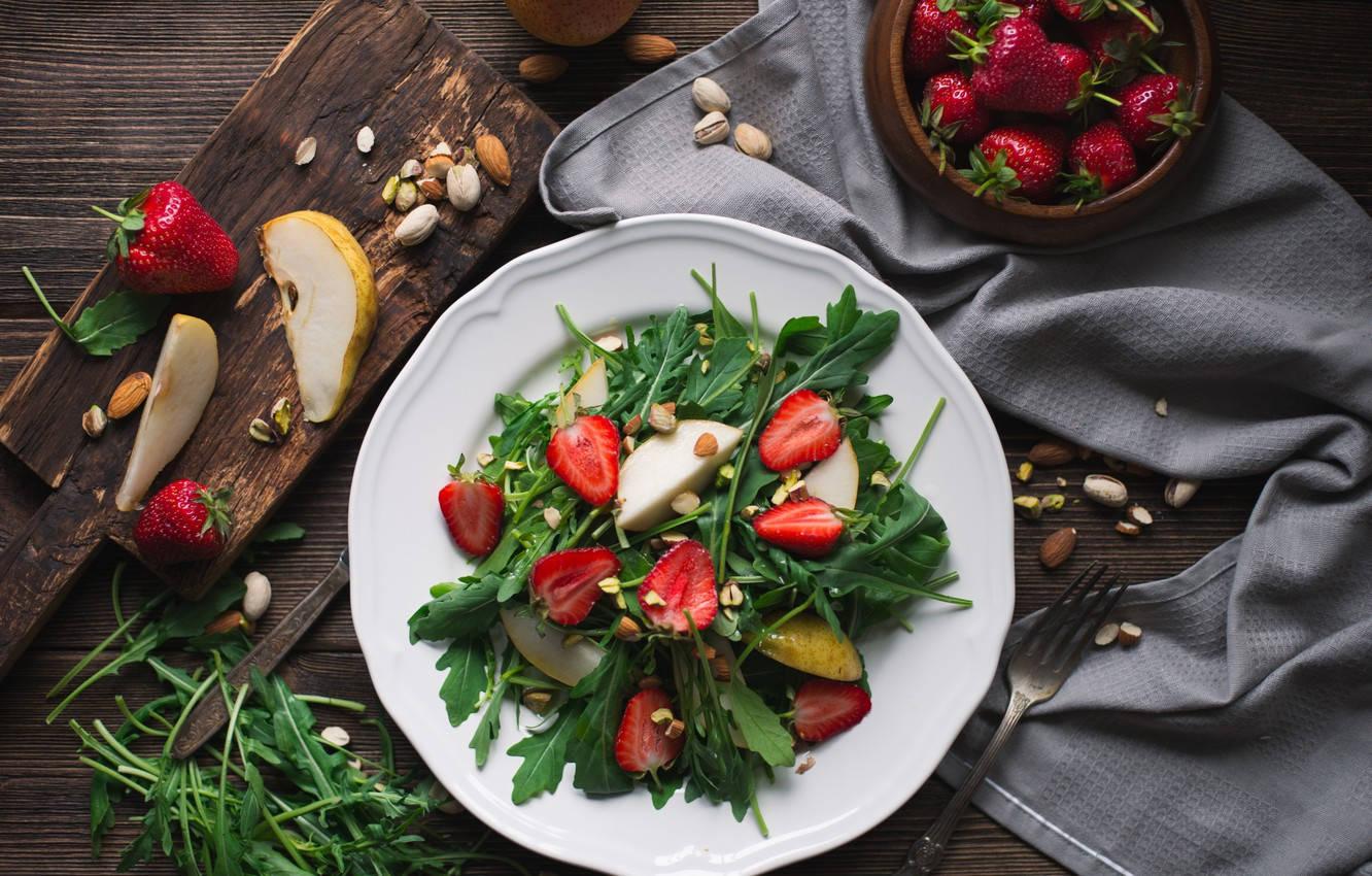 Arugula Leaves, Pear, And Strawberry Salad Wallpaper