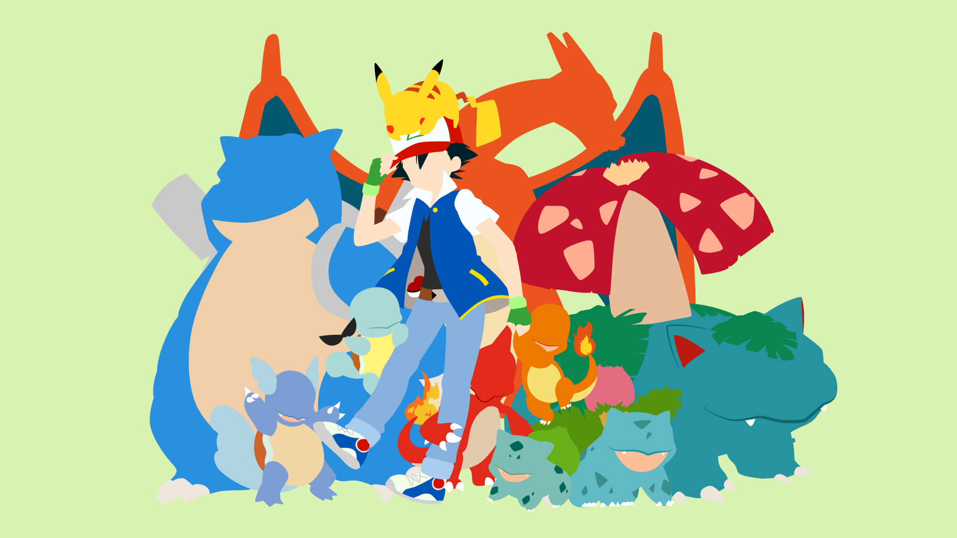 Ash Ketchum With Pikachu, Wartortle, And Other Pokémon Wallpaper