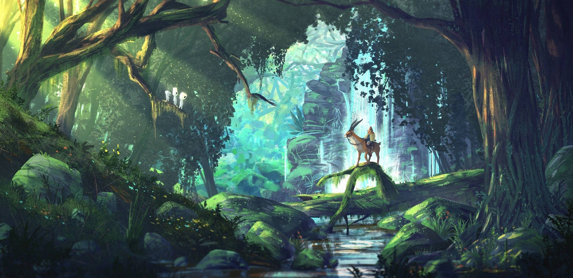 Ashitaka embracing Yakul in the lush forest of Princess Mononoke Wallpaper