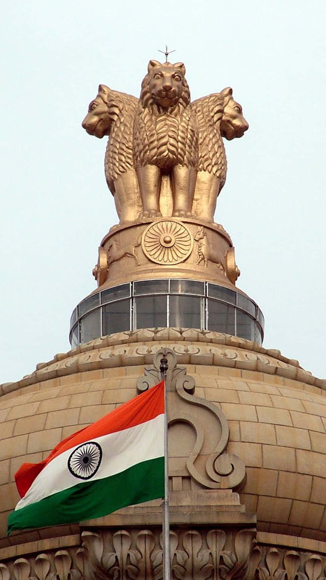 Pilastrodi Ashoka Con Bandiera Dell'india Sfondo
