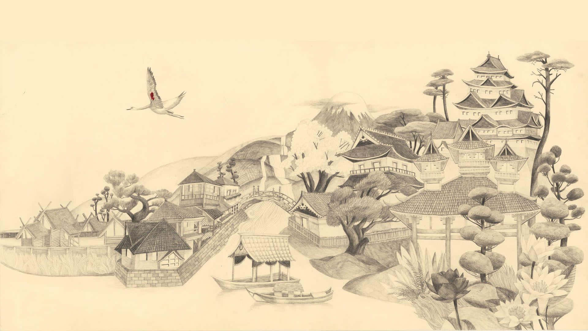 A Drawing Of A Village With A Bird Flying Over It