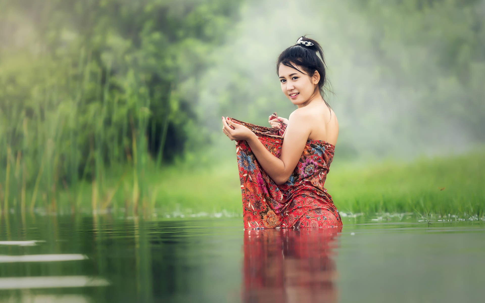 Asian Women Bathing In The River Background