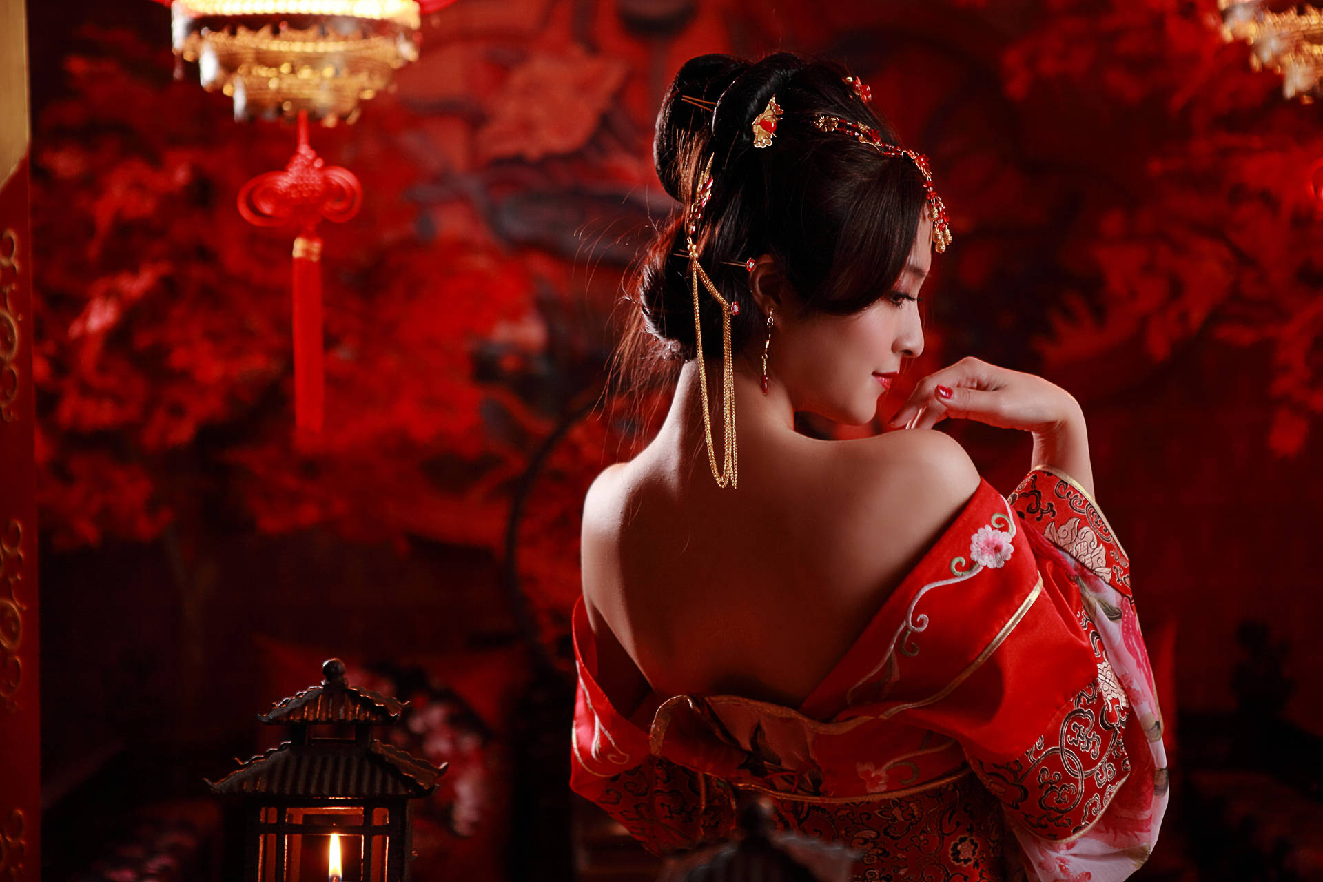 Asian Women In Beautiful Red Clothes Background