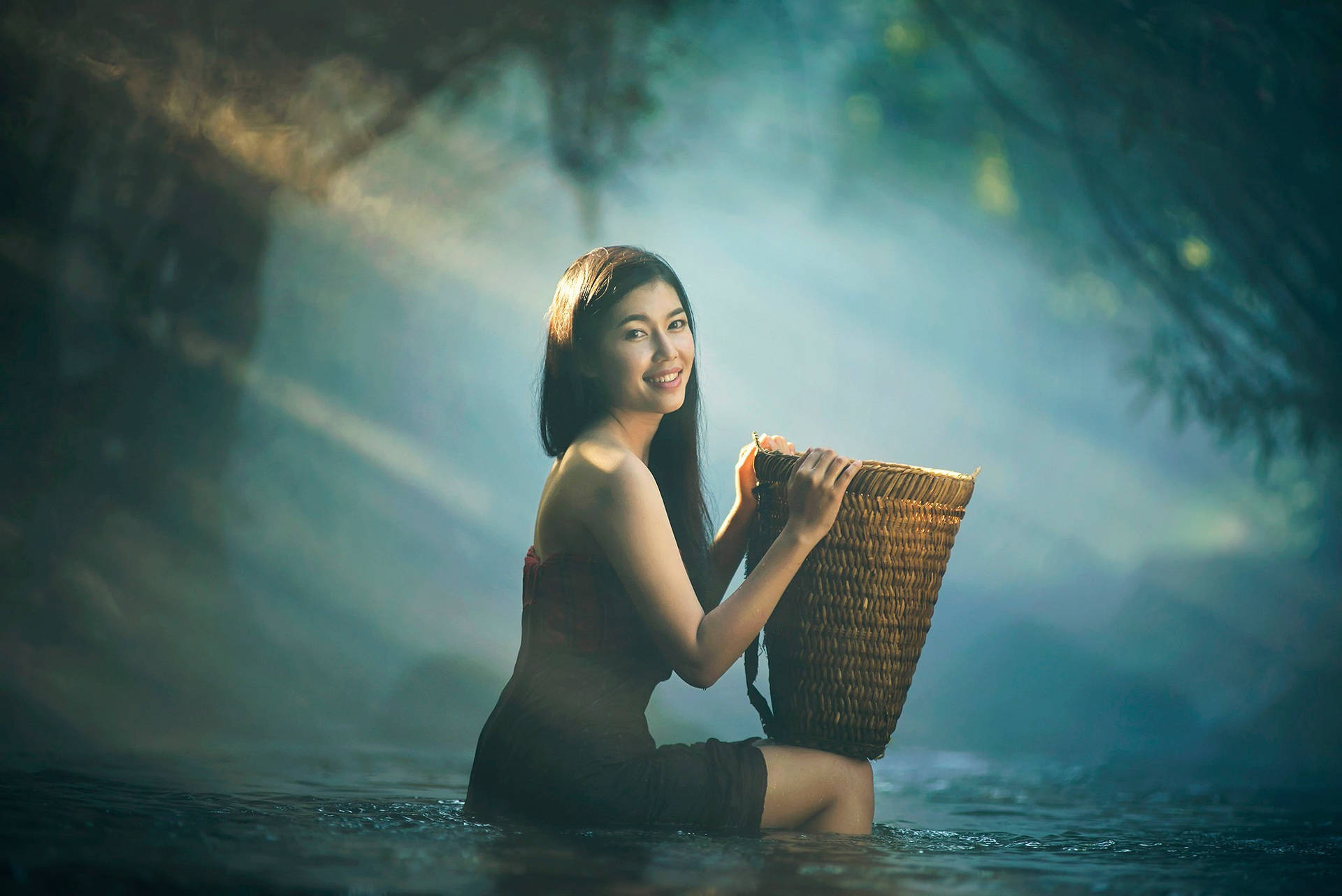 Asian Women With Rattan Basket Background