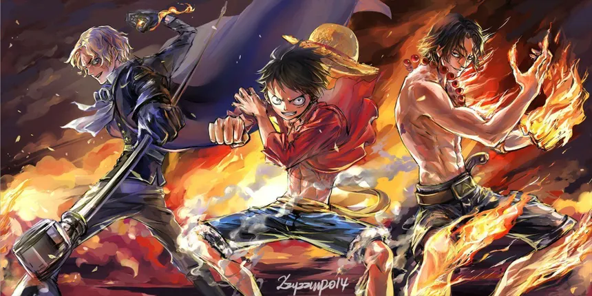 ASL PNG — Three anime warriors battle amidst explosive flames with intense expressions and dynamic poses.