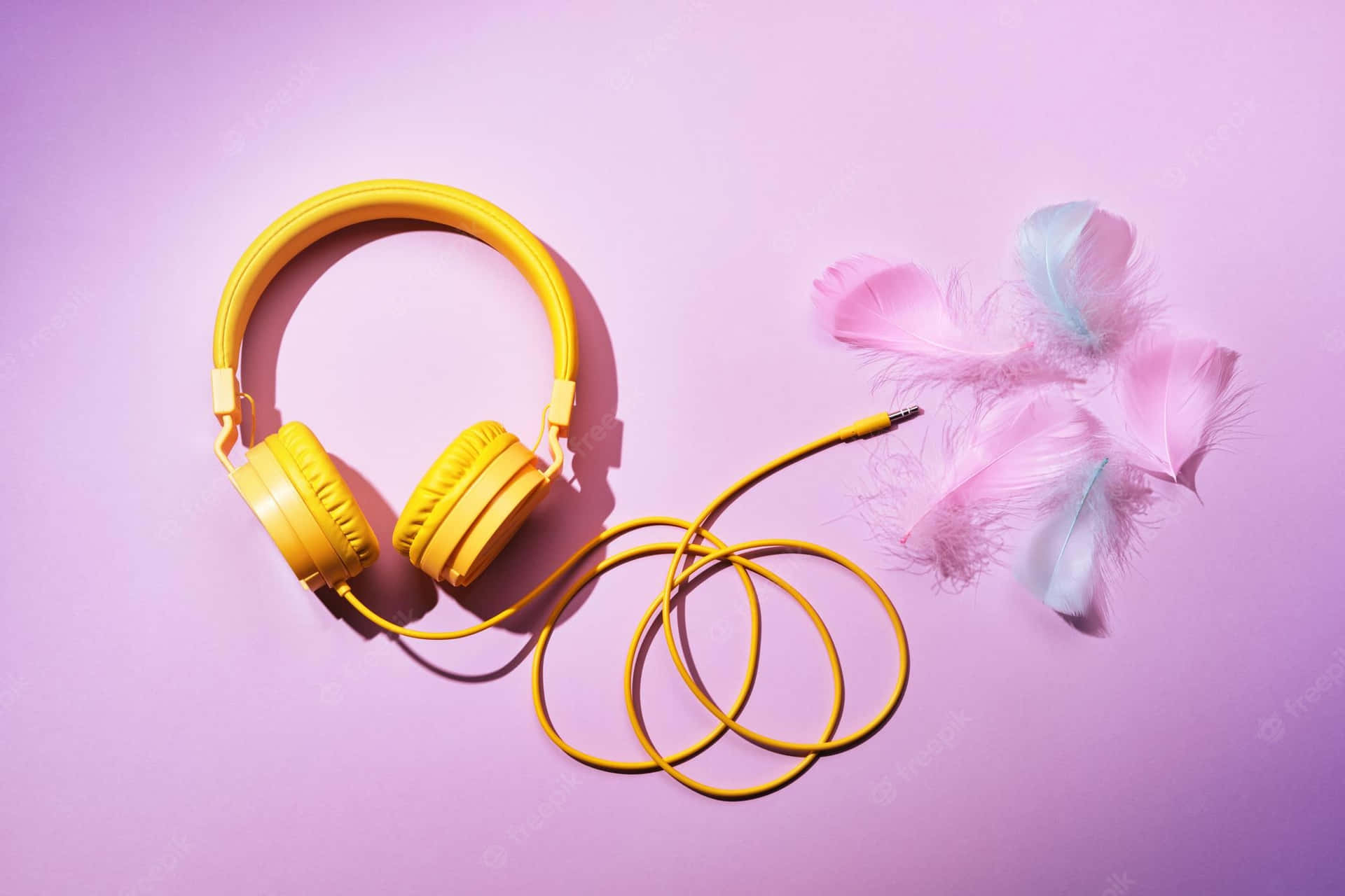 Yellow Headphones With Feathers On A Pink Background Wallpaper
