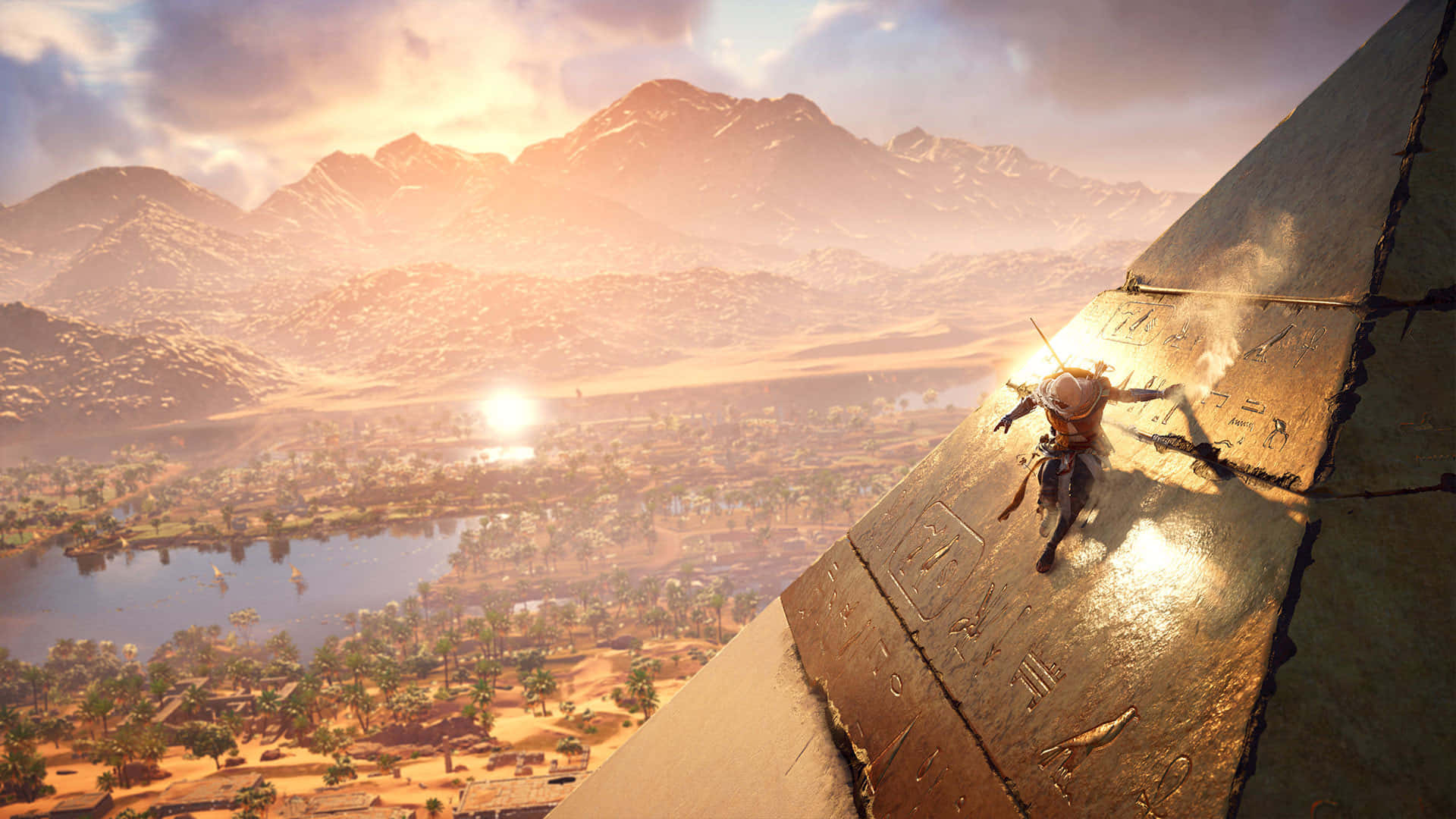 Assassin's Creed character in action against a scenic ancient backdrop