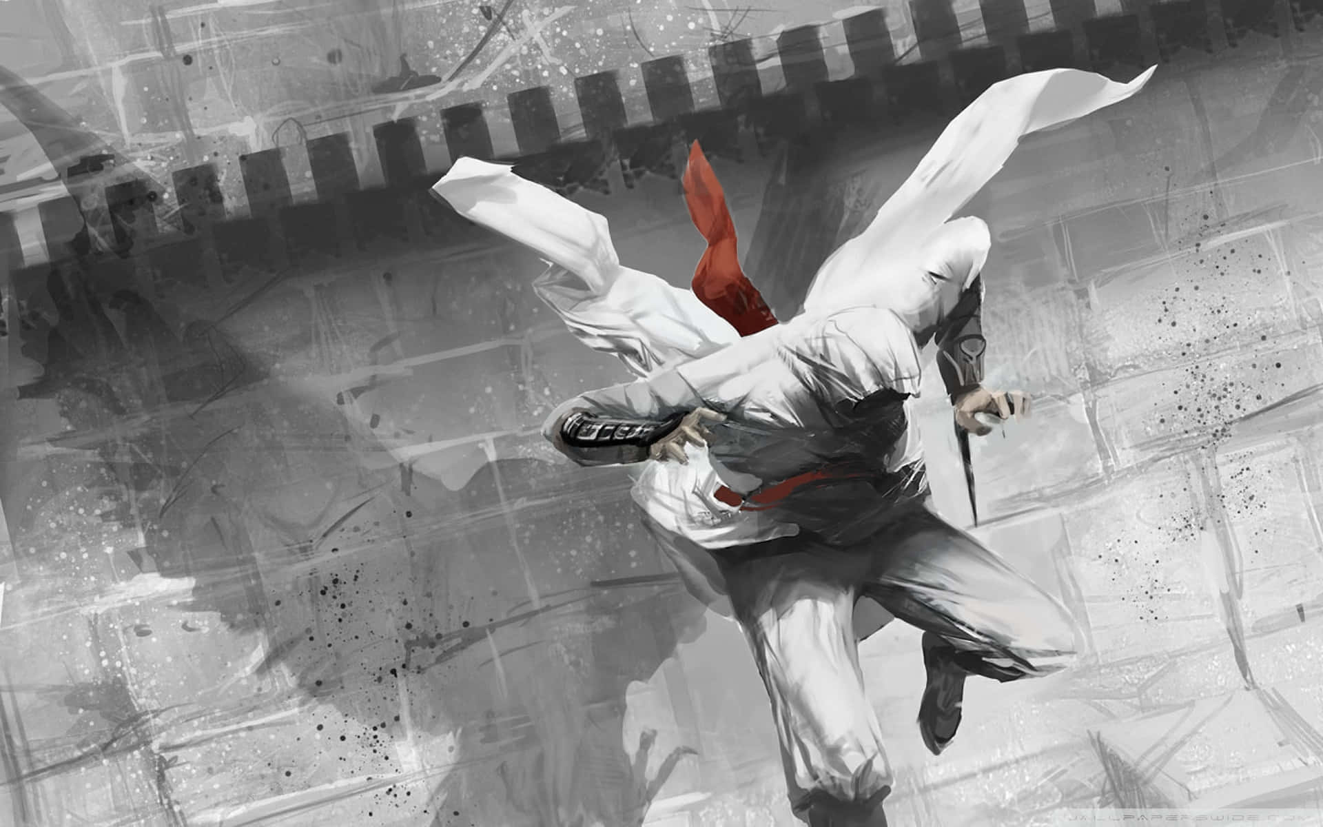 Elmaestro Asesino Altair Ibn-la'ahad Escalando Una Pared En El Mundo Lleno De Acción De Assassin's Creed. Fondo de pantalla