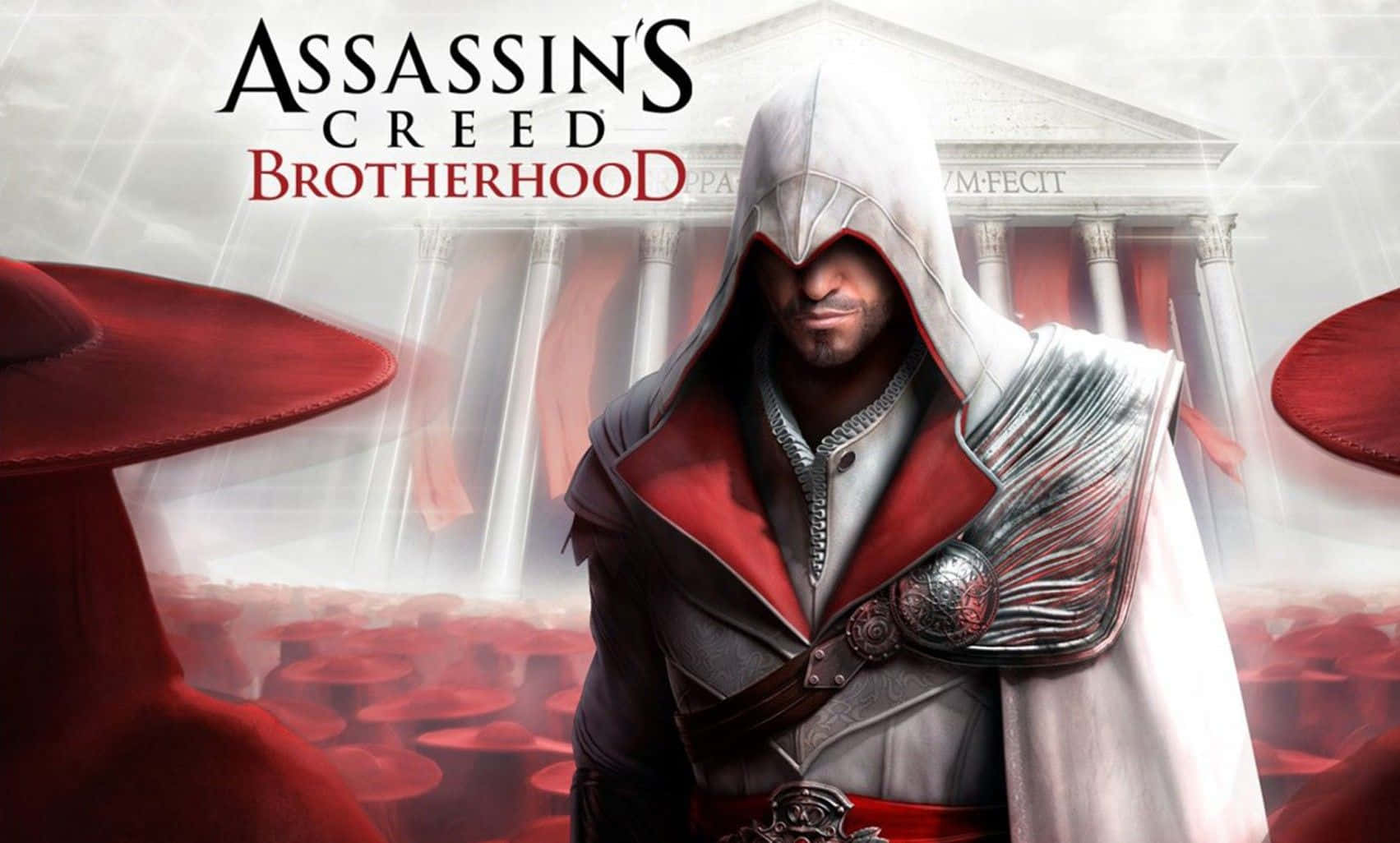 Ezio Auditore in front of a magnificent Italian cityscape in Assassin's Creed Brotherhood Wallpaper